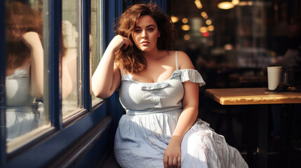 Happy beautiful plus size woman in city cafe