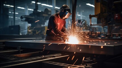 CNC Laser Plasma. Workers focus on selection of laser plasma cutting at a metal fabrication factory.