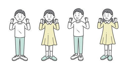 両手でガッツポーズをする少年少女