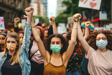 female activists holding hands while protesting with crowd of people