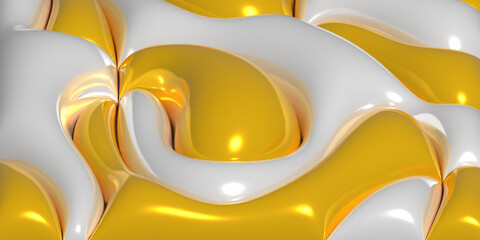 3d fluids shape layer with shiny and yellow colors. Inflated glossy surface backdrop. Modern futuristic design for branding poster, banner, presenter, catalog, or cover.