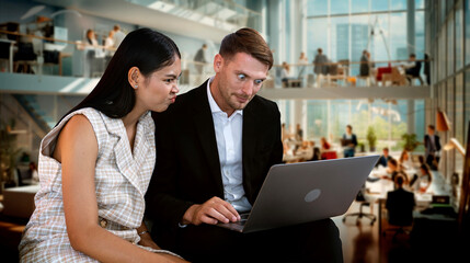two business people excite face looking laptop