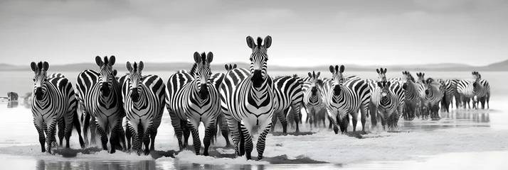 Fotobehang Intricate Beauty of Zebra Herd in High Contrast Monochrome - A Striped Symphony of Survival in Savannah © Alvin