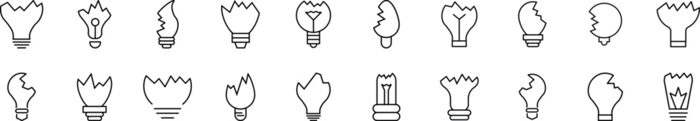 Collection of thin signs of broken lamps. Editable stroke. Simple linear illustration for stores, shops, banners, design