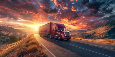 Zelfklevend Fotobehang a truck cargo logistic  on a road at  sunset, transportation  truck logistic bussines exsport import concept © Nice Seven