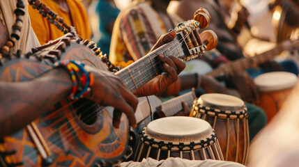 Naklejka premium A group of musicians playing traditional instruments amidst a sea of people their music filling the air with a fusion of different cultural sounds and rhythms.