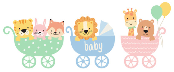 Cute baby animals in strollers vector illustration. Baby shower and nursery art of baby tiger, lion, fox, bear, giraffe, and bunny in baby carriage.
