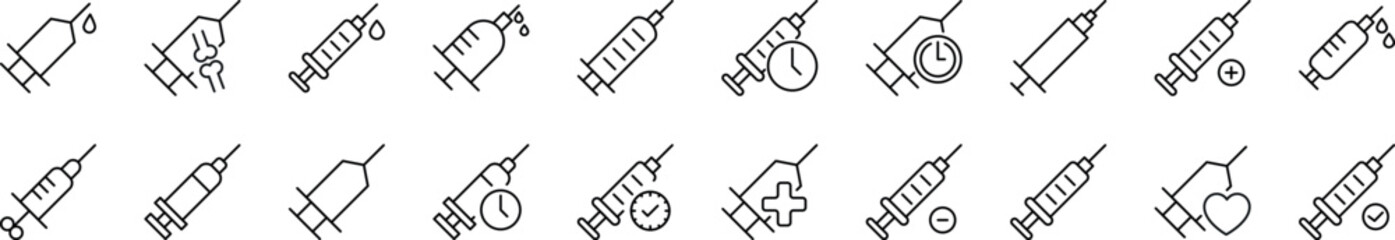 Line Icons collection of syringe. Editable stroke. Simple linear illustration for web sites, newspapers, articles book