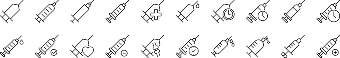 Collection of thin signs of syringe. Editable stroke. Simple linear illustration for stores, shops, banners, design