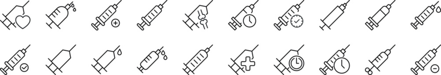 Collection of thin line icons of syringe. Editable stroke. Simple linear illustration for web sites, newspapers, articles book