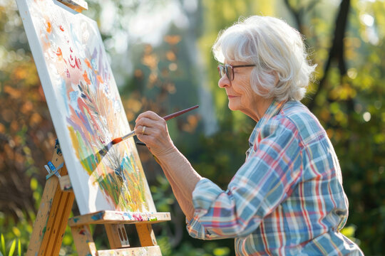 female senior artist painting outdoor on a canvas