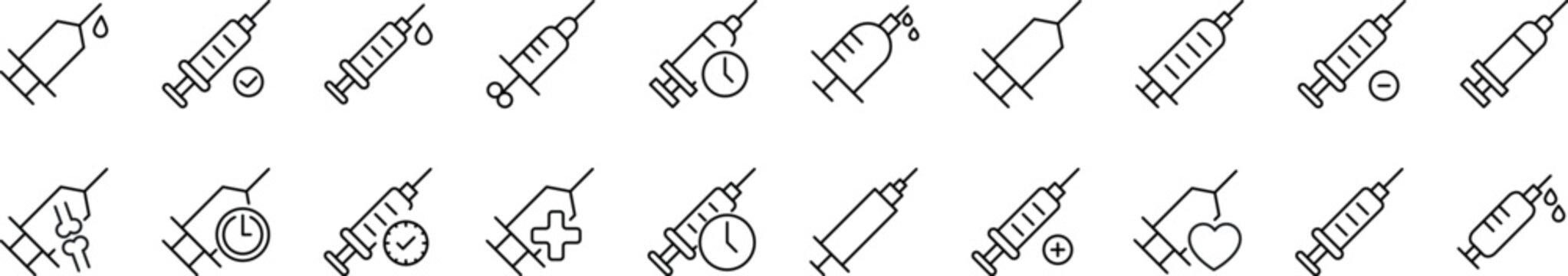 Set of line icons of syringe. Editable stroke. Simple outline sign for web sites, newspapers, articles book