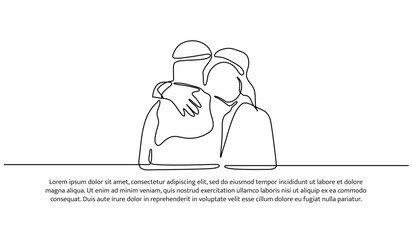 Vector illustration of muslim men hugging each other. Modern flat in continuous line style.
