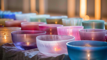 A of crystal singing bowls of varying sizes and colors are carefully p on a cloth their ethereal tones adding to the healing energy of the ceremony.