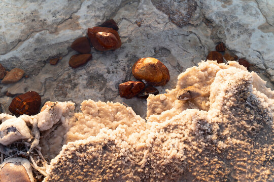 Dead sea salt formations shoreline