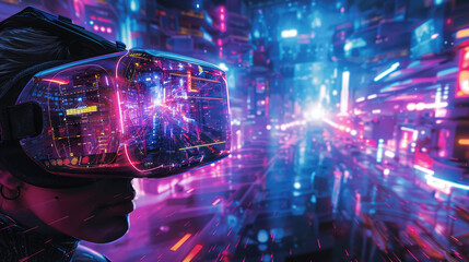 A girl in VR glasses on the background of a futuristic city from the metaverse.