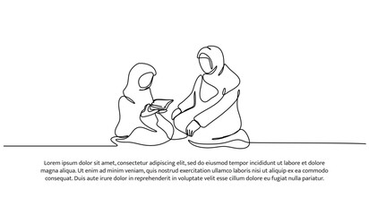 Vector illustration of muslim teach young children to recite the Al-Qur'an. Modern flat in continuous line style.
