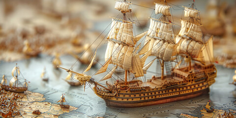a ship on the map of the world, exsplored the world, - obrazy, fototapety, plakaty