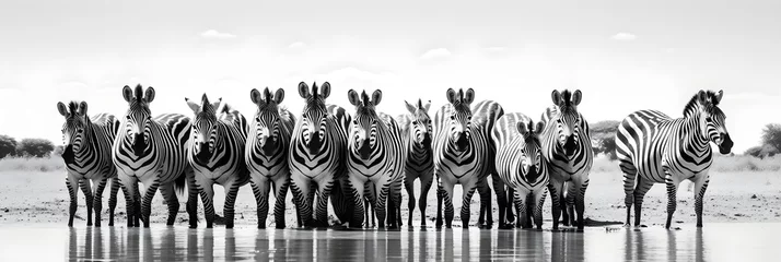 Papier Peint photo Lavable Zèbre Intricate Beauty of Zebra Herd in High Contrast Monochrome - A Striped Symphony of Survival in Savannah