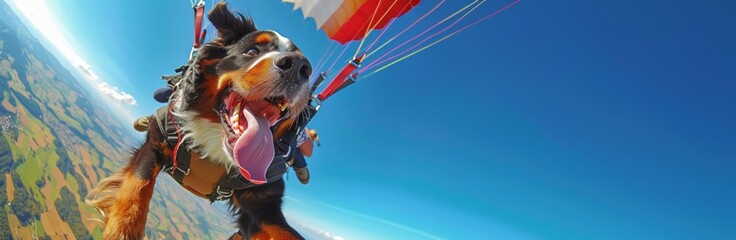 Un chien de race bouvier bernois sautant en parachute, image avec espace pour texte.