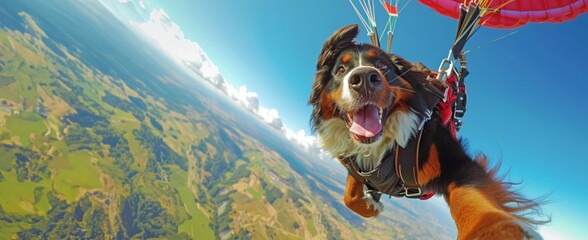Un chien de race bouvier bernois sautant en parachute, image avec espace pour texte. - obrazy, fototapety, plakaty