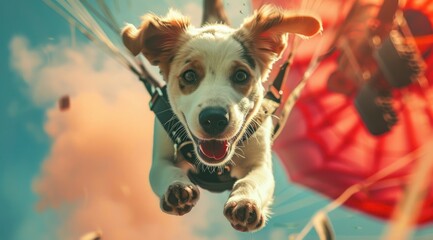 Un adorable chien de race jack russel terrier sautant en parachute. - obrazy, fototapety, plakaty