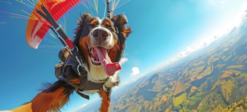 Un chien de race bouvier bernois sautant en parachute, image avec espace pour texte.