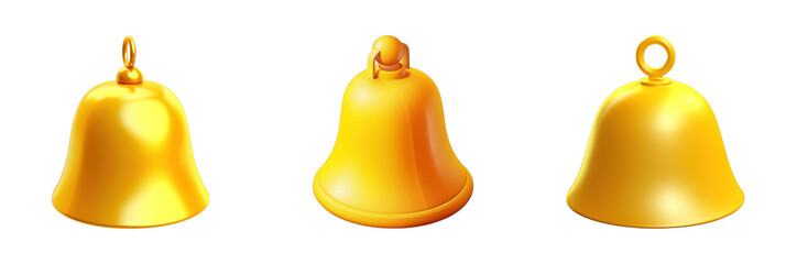 A vibrant 3D icon set of golden bells, perfect for festive events and holiday celebrations with a transparent background.