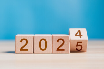 2025 growth business. wooden block with 2024 change to 2025, Set up objective target business cost...