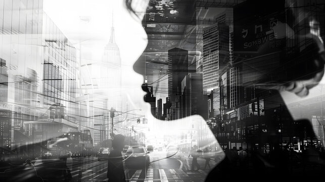 Fototapeta Double exposure of a womans face and city in monochrome photography