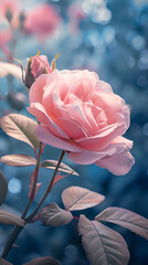 Close-up of a pink rose on blue background, Generative AI