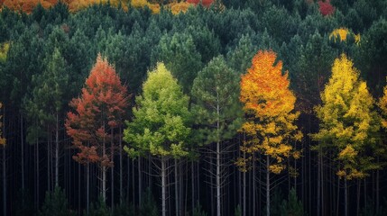 A row of tall pine trees with a backdrop of deciduous trees in their autumn colors, creating a striking contrast in the forest landscape.