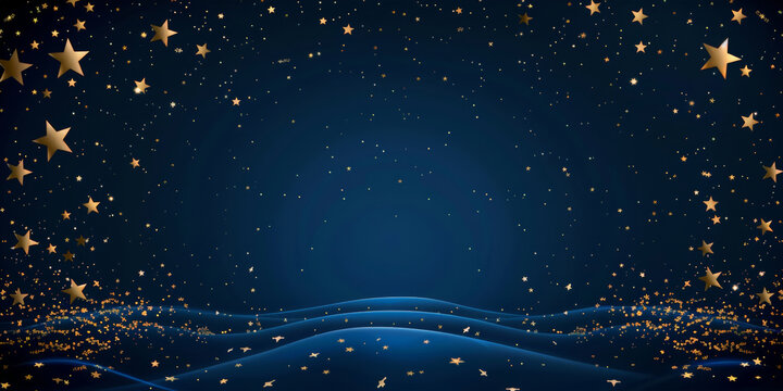 gold stars on blue background,  new year  festive, christmas banner. empty space for text
