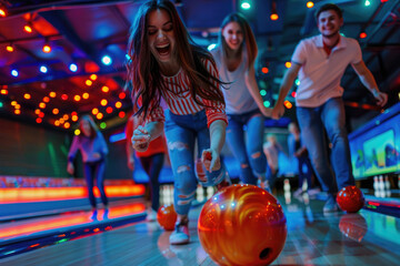 Group of young people having fun playing bowling - obrazy, fototapety, plakaty