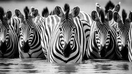 Foto op Canvas Intricate Beauty of Zebra Herd in High Contrast Monochrome - A Striped Symphony of Survival in Savannah © Alvin
