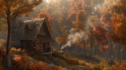A secluded cabin in the woods surrounded by trees in their autumn colors, smoke rising from the chimney, creating a cozy autumn retreat.