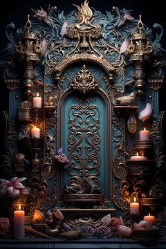 Luxury interior with wooden door, candles and flowers. 3d render