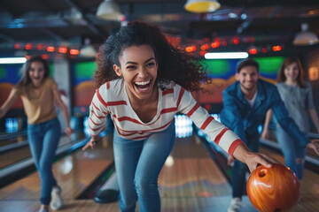 Group of young people having fun playing bowling