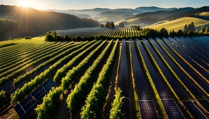 Rows of solar panels in the fields in beautiful hilly and foggy Pacific Northwest wine country.  - obrazy, fototapety, plakaty