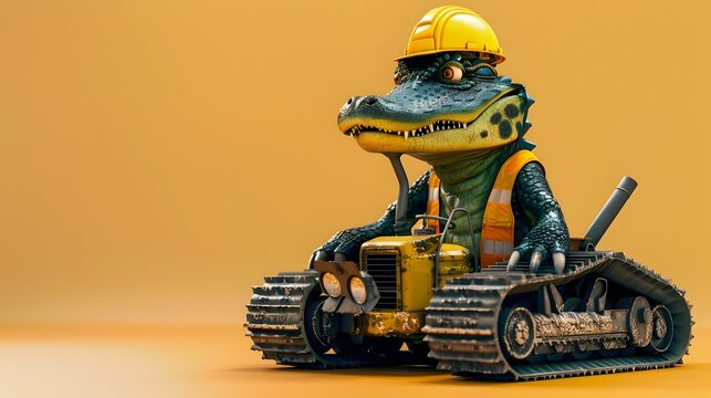 Crocodile Wearing a Hard Hat on a Construction Site