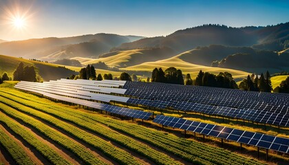 Rows of solar panels in the fields in beautiful hilly and foggy Pacific Northwest wine country. 