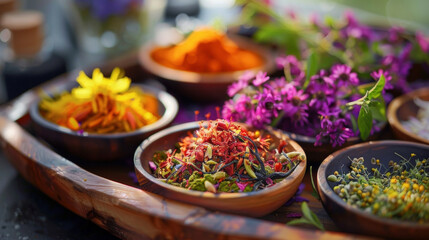 A closeup shot of a wooden tray filled with vibrant es and herbs used in Ayurvedic cooking symbolizing the importance of balance in both physical and mental nourishment.
