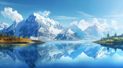 Papier Peint photo autocollant Everest A secluded mountain lake mirroring the towering peaks, all under a vast expanse of clear, blue sky.