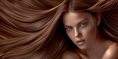 Beauty young brunette woman with luxurious long hair as background. Beauty model girl.