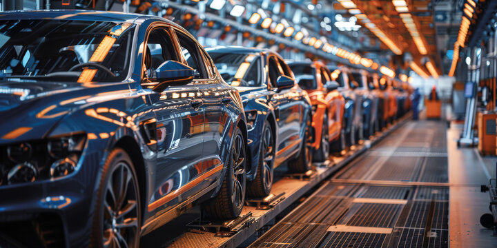 cars being worked on inside a factory plant,automatic Mass production assembly line of modern cars