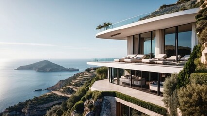 Fototapeta premium Describe the breathtaking view as you approach the modern villa, surrounded by lush Italian landscapes and the glittering Mediterranean in the distance