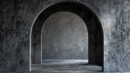 an empty, black stone room, with an archway, in the style of minimalistic composition, densely textured or haptic surface, plaster - obrazy, fototapety, plakaty