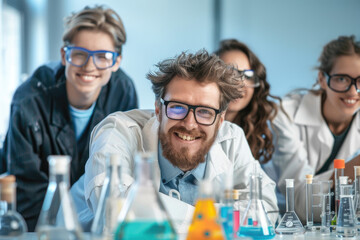 a happy chemist and his younger colleagues working on a scientific research laboratory