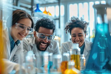 a happy chemist and his younger colleagues working on a scientific research laboratory