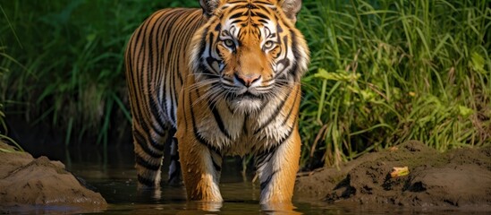 Fototapeta premium A male tiger is seen walking through a body of water, with its front legs upright. The tigers majestic presence is highlighted as it moves gracefully through the water.